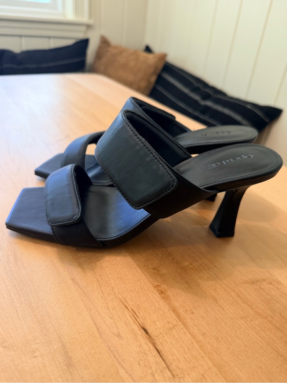 Open Edit Black Two-Strap Square-Toe Heel- 8.5